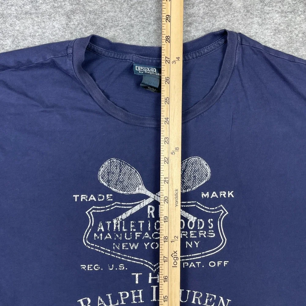 VTG Polo Ralph Lauren T Shirt Men XL Navy Blue Athletic Goods Tennis Racket 90s